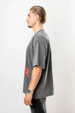 Burning Palm Design Heavy T-Shirt Acid Washed Black