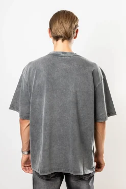 Burning Palm Design Heavy T-Shirt Acid Washed Black