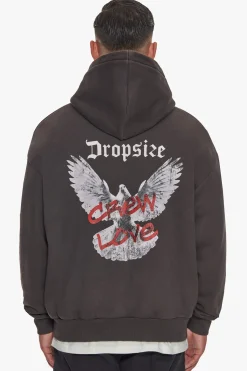 HEAVY OVERSIZE CREW LOVE DOVE HOODIE WASHED BLACK