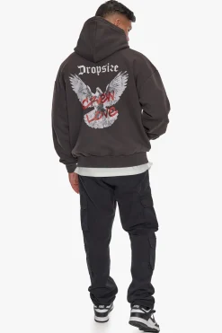 HEAVY OVERSIZE CREW LOVE DOVE HOODIE WASHED BLACK