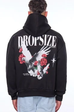 HEAVY OVERSIZE DOVES AND ROSES HOODIE BLACK