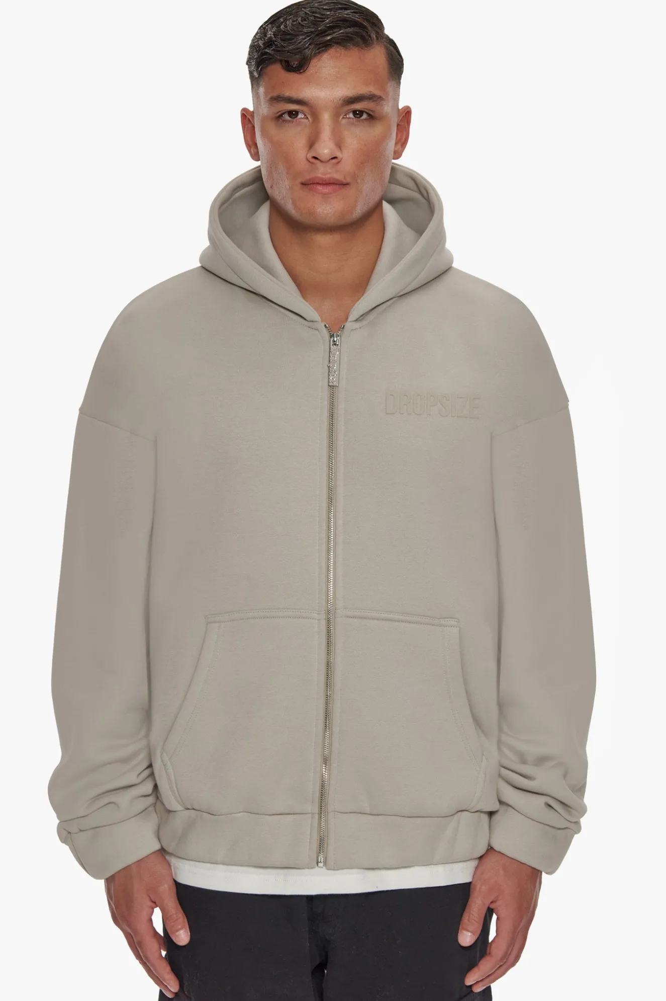 HEAVY OVERSIZE HD PRINT ZIP HOODIE STONE