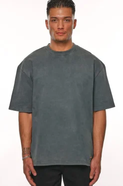 HEAVY OVERSIZE METAL PATCH BASIC T-SHIRT WASHED GREY