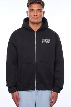 HEAVY OVERSIZE MIRRORED LOGO ZIP-HOODIE BLACK