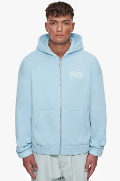 HEAVY OVERSIZE MIRRORED LOGO ZIP-HOODIE BABY BLUE