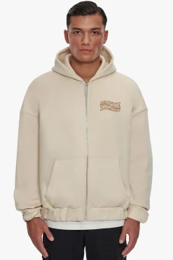 HEAVY OVERSIZE MIRRORED LOGO ZIP HOODIE COCONUT MILK