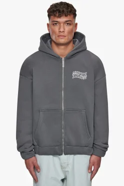 HEAVY OVERSIZE MIRRORED LOGO ZIP-HOODIE GREY