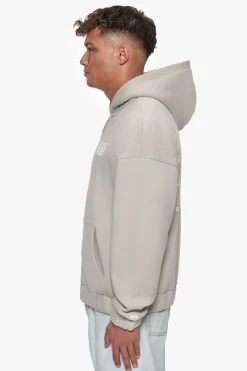 HEAVY OVERSIZE MIRRORED LOGO ZIP-HOODIE STONE