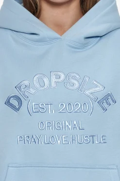 HEAVY OVERSIZE PRAY LOVE HUSTLE EMBO HOODIE BABY BLUE