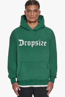 HEAVY OVERSIZE TERRY EMBO HOODIE WASHED GREEN / CREAM