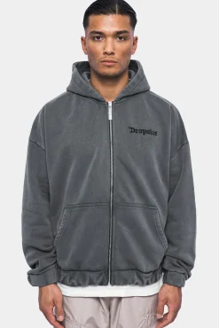 SUPER HEAVY OVERSIZE BLANK ZIP HOODIE WASHED GRAY