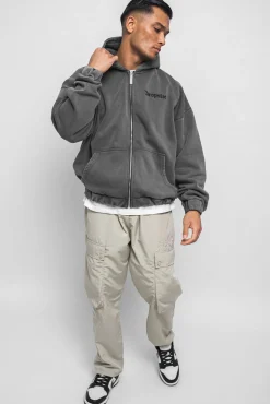SUPER HEAVY OVERSIZE BLANK ZIP HOODIE WASHED GRAY