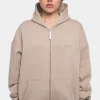 SUPER HEAVY OVERSIZE LOGO ZIP HOODIE LIGHT BROWN