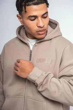 SUPER HEAVY OVERSIZE LOGO ZIP HOODIE SIMPLY TAUPE