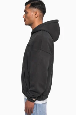 SUPER HEAVY OVERSIZE LOGO ZIP HOODIE ACID WASHED BLACK