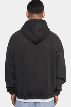 SUPER HEAVY OVERSIZE LOGO ZIP HOODIE ACID WASHED BLACK