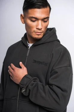 SUPER HEAVY OVERSIZE LOGO ZIP HOODIE ACID WASHED BLACK