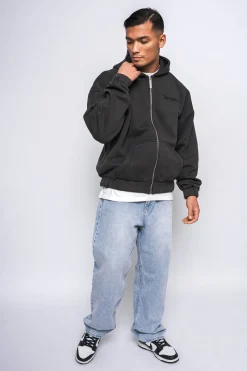 SUPER HEAVY OVERSIZE LOGO ZIP HOODIE ACID WASHED BLACK