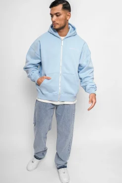 SUPER HEAVY OVERSIZE LOGO ZIP HOODIE BABY BLUE