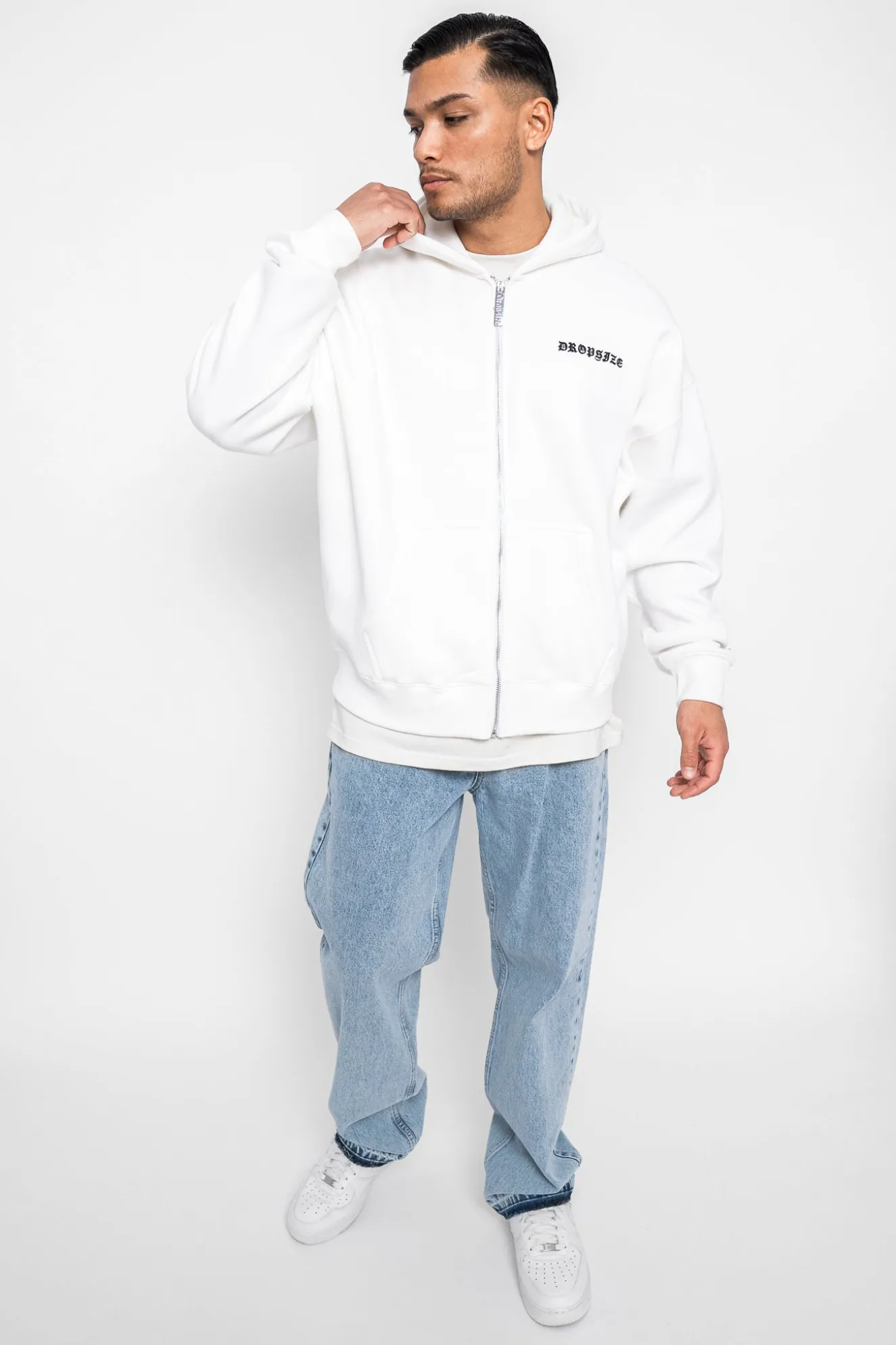 SUPER HEAVY OVERSIZE LOGO ZIP HOODIE WASHED WHITE