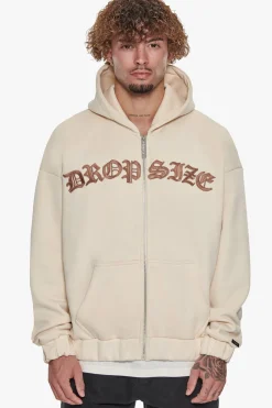 SUPER HEAVY OVERSIZE MID FRONT EMBO ZIP HOODIE COCONUT MILK