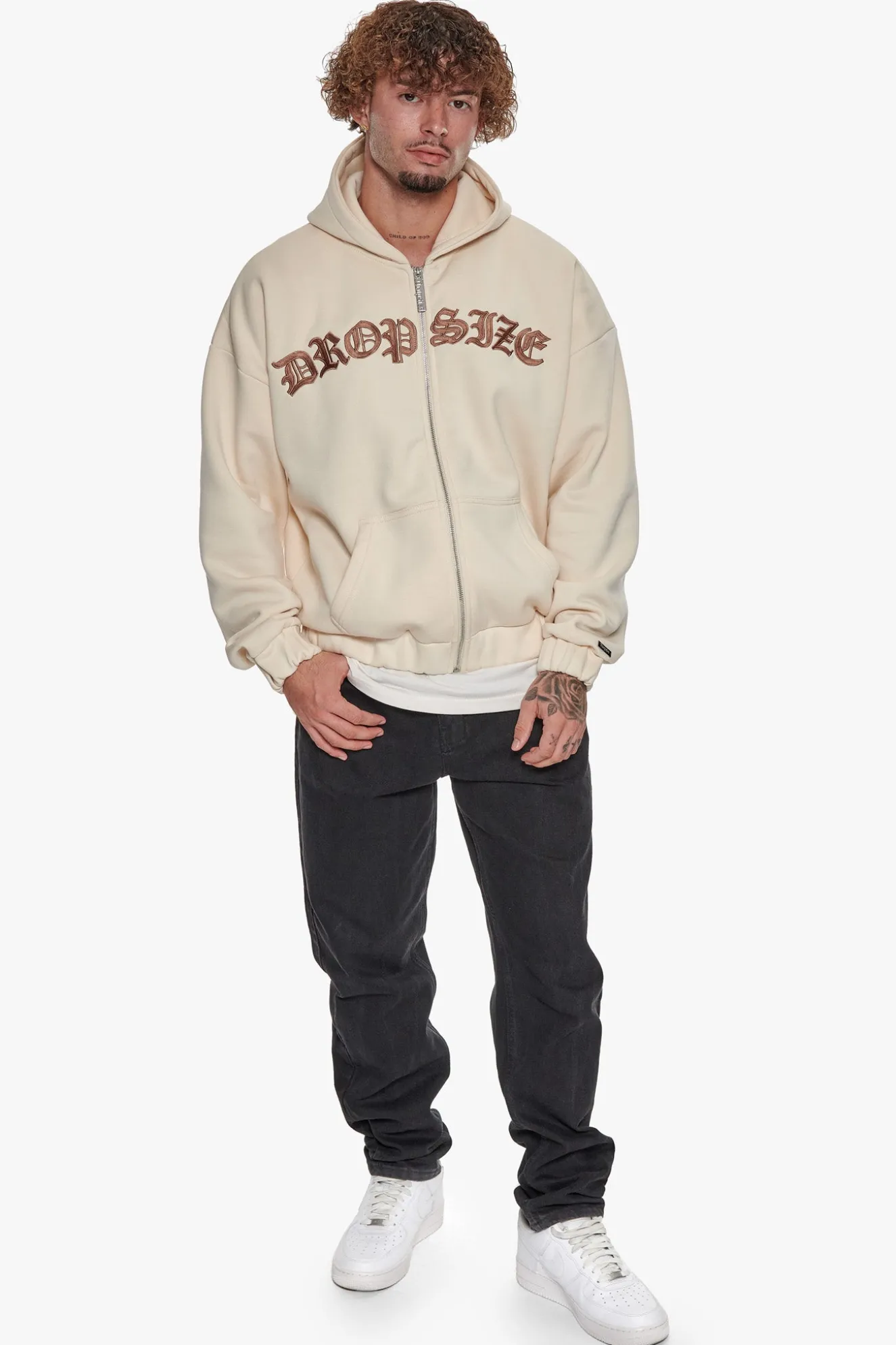 SUPER HEAVY OVERSIZE MID FRONT EMBO ZIP HOODIE COCONUT MILK