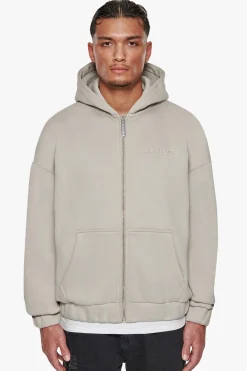 SUPER HEAVY OVERSIZE WORK SMART HUSTLE HARD ZIP-HOODIE PUMICE STONE